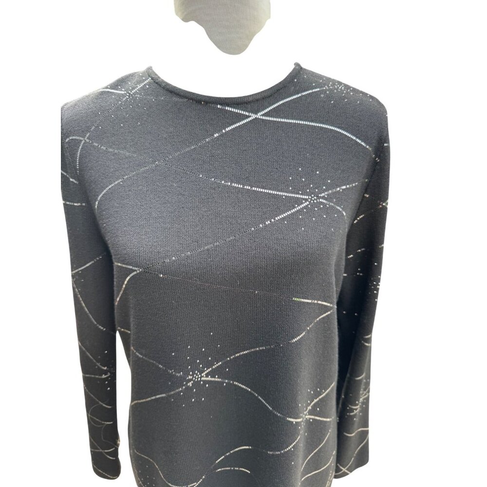 ST JOHN evening Black Long-Sleeve Knit Top With Silver Glitter Lines